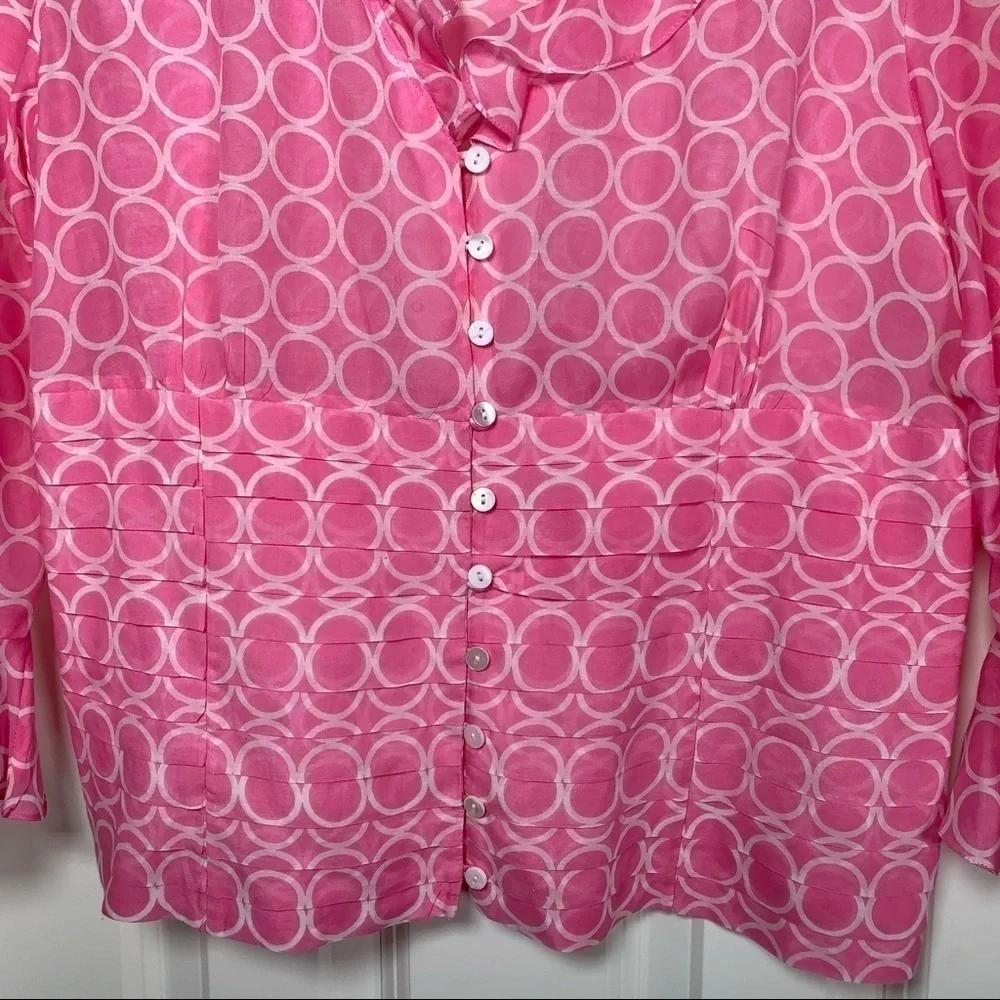 i.e. feminine y2k pink silk blouse with ruffle scoop neckline and bell sleeves L - Picture 6 of 9